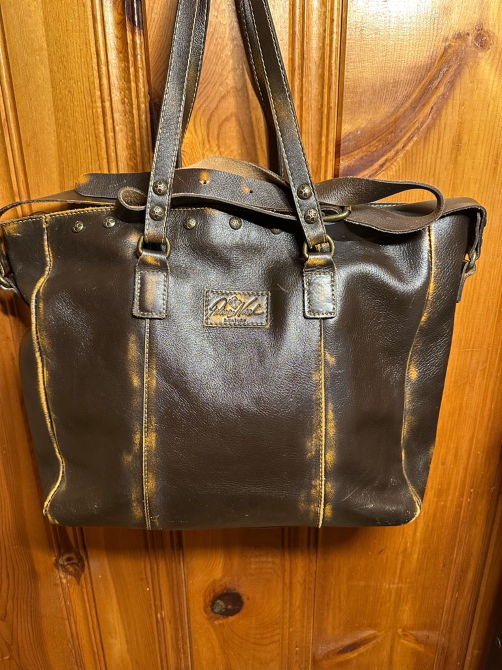 Patricia Nash Distressed Brown Leather Tote with Antique Brass Accents